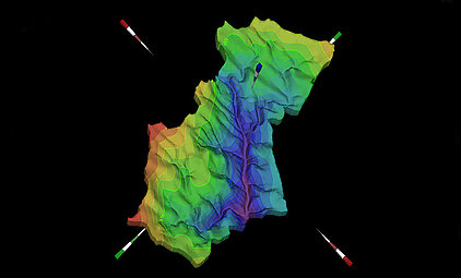 3D-Modell mit berechneter Grundwasserströmung     